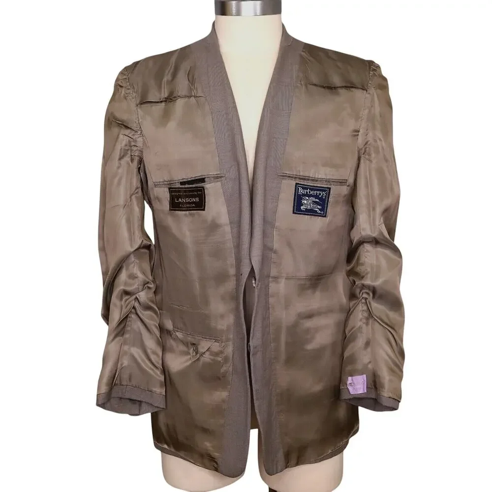 Burberrys Sport Coat Mens 43L Wool Beige Taupe Plaid Jacket Lined Blazer Vintage